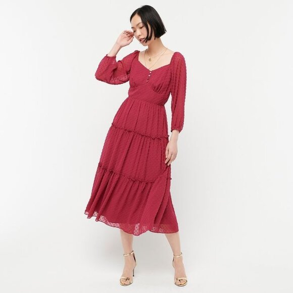 J.Crew Womens Swiss Dots Midi Dress Size 8 Magenta Tiered  Puff Sleeves Cottage - Picture 1 of 15